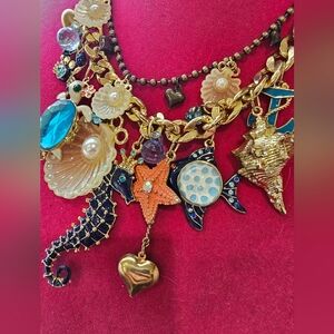 Betsey Johnson Gold-Tone Ocean Charm Necklace with Blue, Orange & Pearl Accents